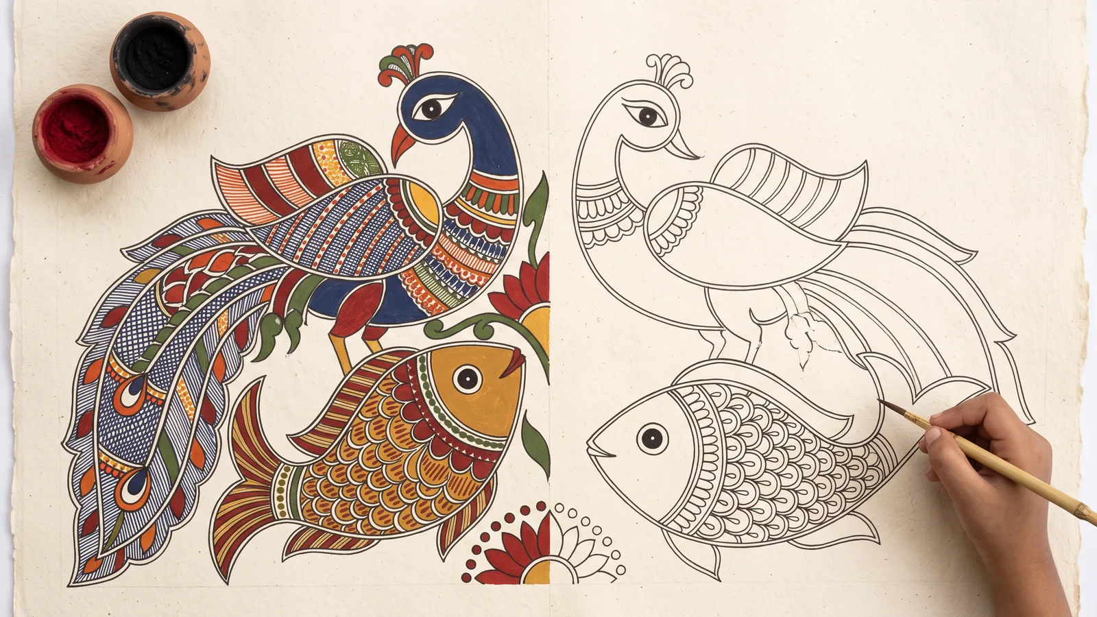 A Madhubani painting in progress on handmade paper, with a child's hand holding a bamboo brush at the edge of the frame.