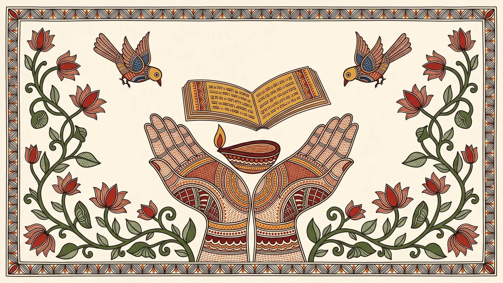 Madhubani-style artwork of open hands offering a book and a painted lamp, surrounded by lotus and vine motifs.