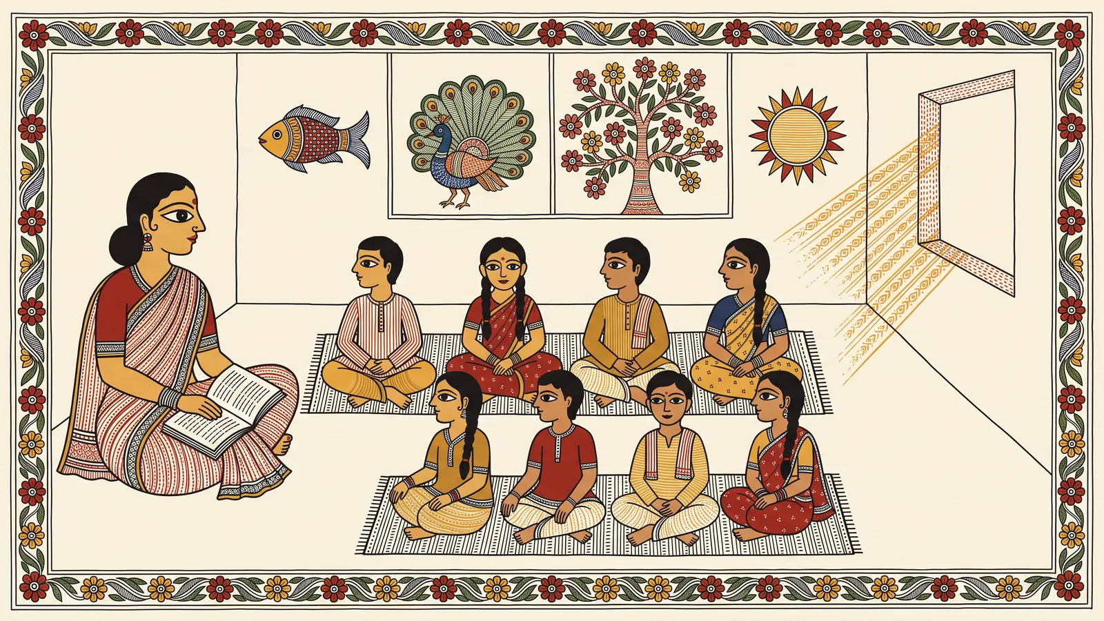 Madhubani-style artwork of a village schoolroom, children seated on the floor around a teacher, the walls painted with fish, birds and a tree of life.