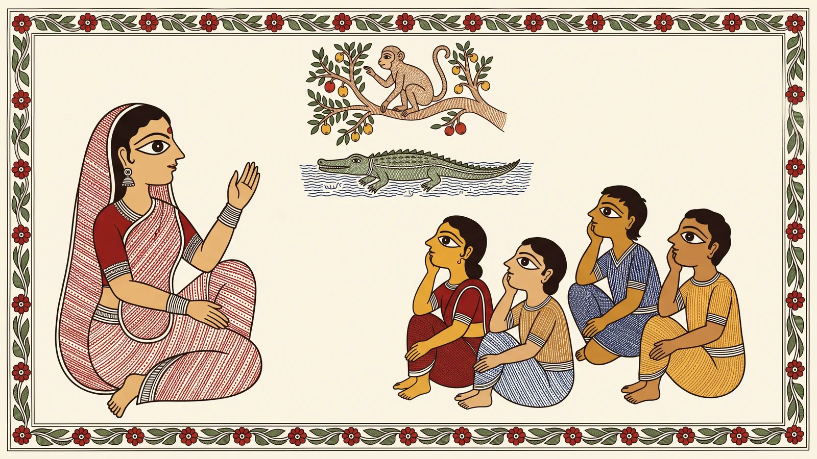 Madhubani-style painting of a storyteller mid-gesture facing four seated children, with the monkey and the crocodile from the Panchatantra drawn smaller between them as the tale being told.